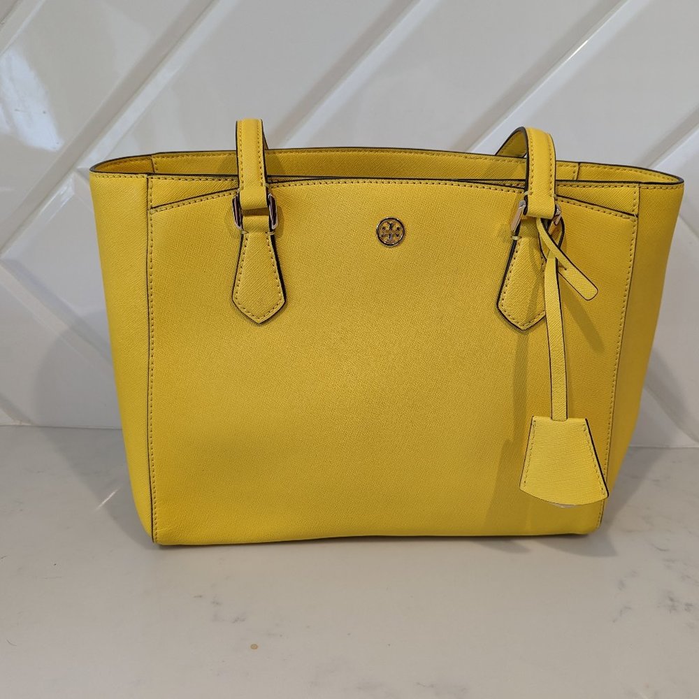 TORY BURCH Robinson Textured Lemon Drop Leather Small Tote Bag